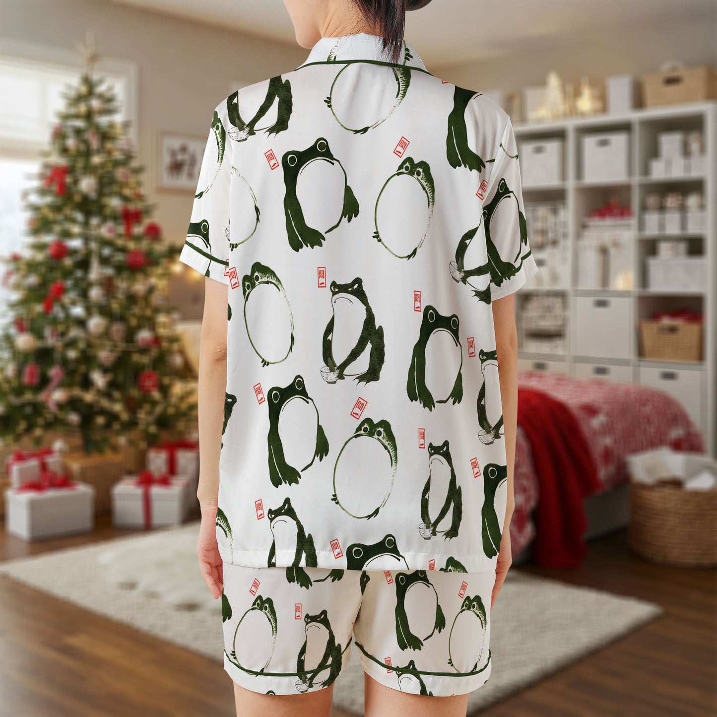 Japanese Frog Art Short Pajama Set – Minimalist Ink Painting Style Sleepwear | White & Green Kawaii Pajamas for Women, Men, and Kids, Matching Family Gift Set HPRPJMADS-15
