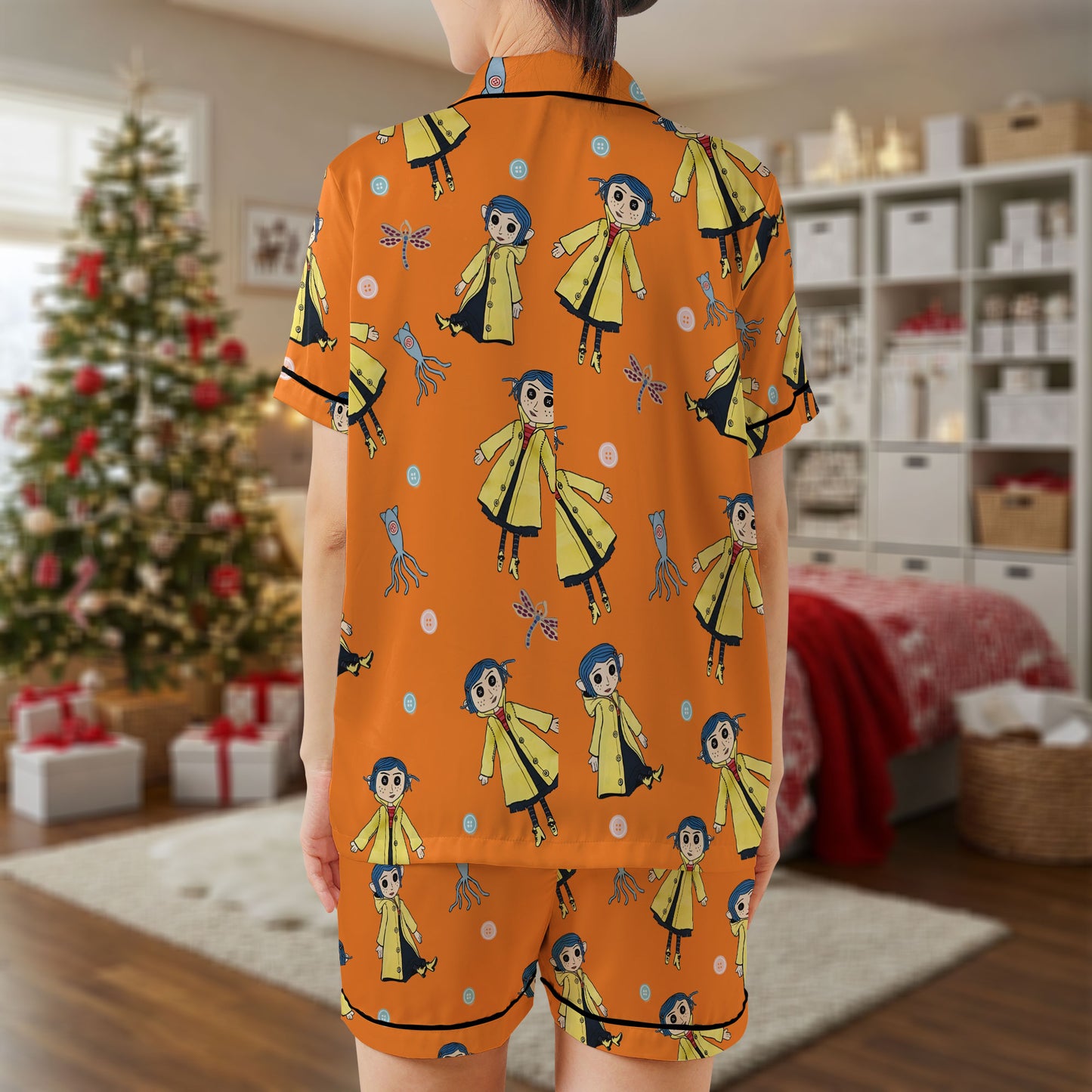 Coraline Inspired Short Pajama Set – Orange & Yellow Button-Eye Character Print Sleepwear | Cute Animated Movie PJs for Women, Men, Kids & Youth, Matching Family Loungewear Gift HPRPJMADS-18