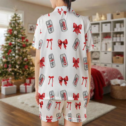 Diet Coke Short Pajama Set – Fun Soda Can & Red Bow Print Sleepwear | White Satin PJs with Holiday Trim, Unisex Loungewear for Women, Men, Kids & Family Matching Set HPRPJMADS-21