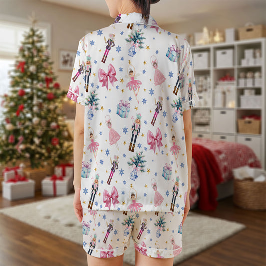 Nutcracker Ballet Satin Short Pajama Set – Christmas Themed Sleepwear | Pink Ballerina, Toy Soldier & Gift Print PJs for Women, Men, Kids & Matching Holiday Family Outfits HPRPJMADS-26