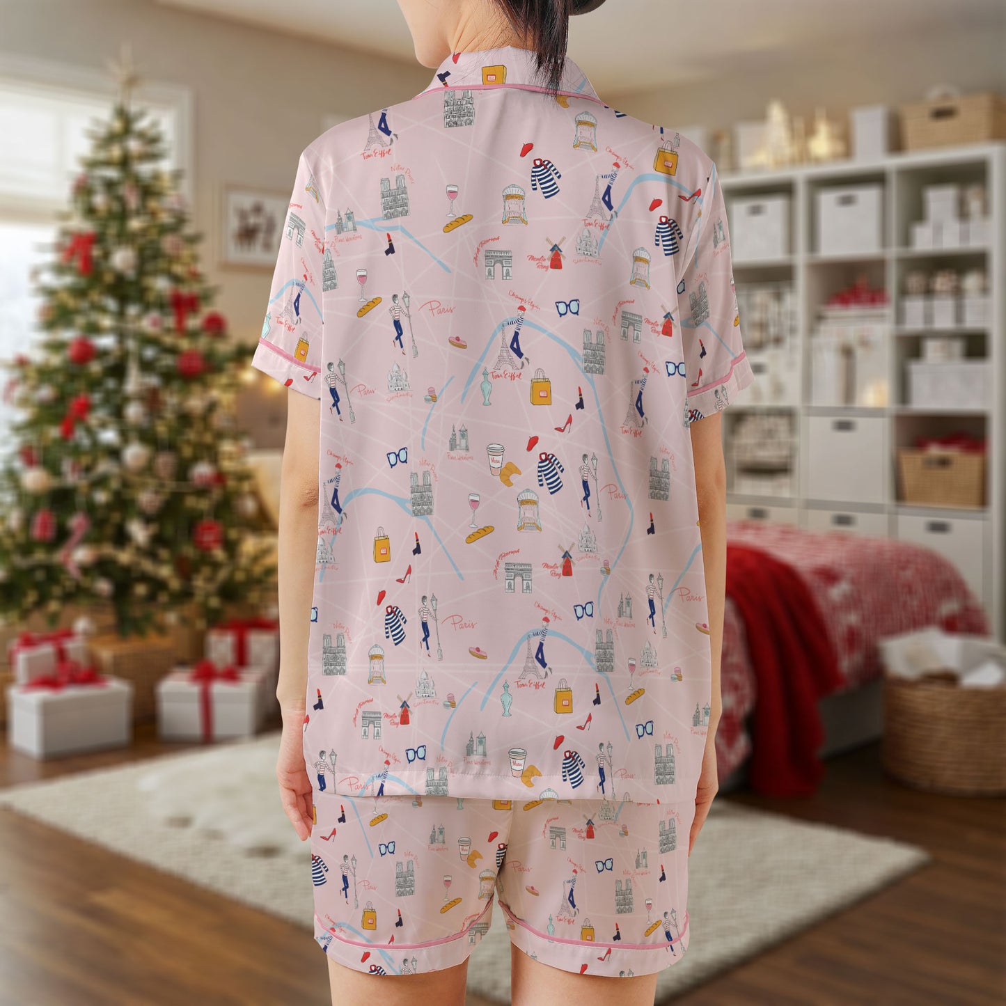 Parisian Chic Satin Short Pajama Set – Pink French-Themed Sleepwear | Eiffel Tower, Perfume & Café Print PJs for Women, Men, Youth & Matching Family Loungewear HPRPJMADS-27