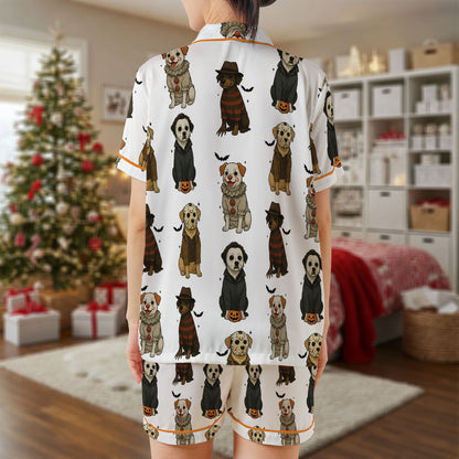 Halloween Horror Dogs Satin Short Pajama Set – Spooky Movie Villain Puppy Print Sleepwear | White & Orange Trim PJs for Women, Men, Kids & Matching Family Sets HPRPJMADS-29