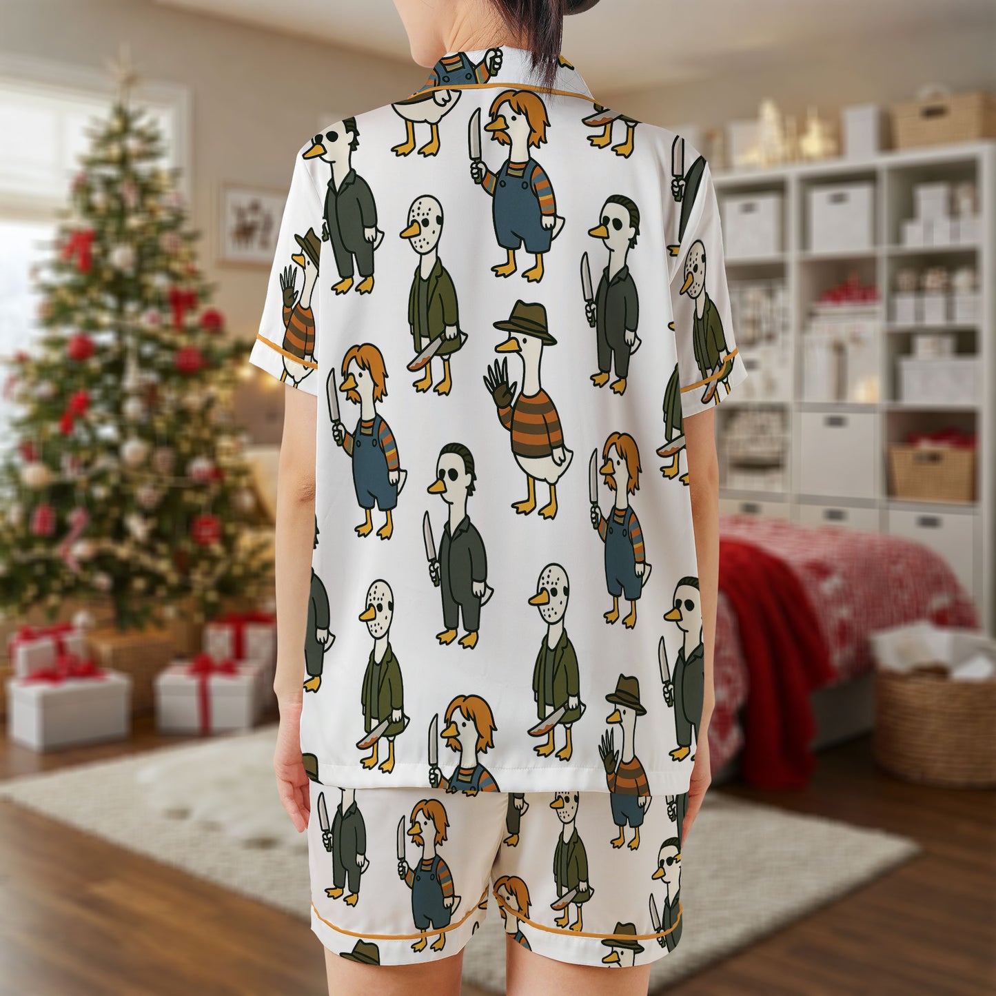 Halloween Killer Ducks Satin Short Pajama Set – Funny Horror Movie Parody Sleepwear | White Duck Print PJs for Women, Men, Youth & Matching Family OutfitsHPRPJMADS-30