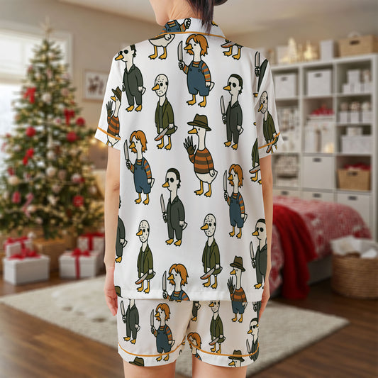 Halloween Killer Ducks Satin Short Pajama Set – Funny Horror Movie Parody Sleepwear | White Duck Print PJs for Women, Men, Youth & Matching Family OutfitsHPRPJMADS-30