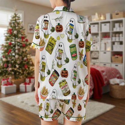 Halloween Pickle Ghost Satin Short Pajama Set – Funny Pickle Jar & Ghost Print Sleepwear | White & Green Trim PJs for Women, Men, Kids & Matching Family Outfits HPRPJMADS-31