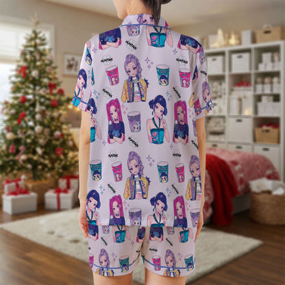 Anime Girl Snack-Themed Satin Short Pajama Set – Cute Kawaii Cartoon Print Sleepwear | Lavender PJs for Women, Teens, and Matching Friends Sets HPRPJMADS-32