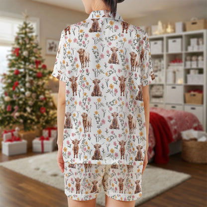 Highland Cow Floral Satin Pajama Set – Cute Farm Animal Print Sleepwear | Cream Short Sleeve Loungewear for Women, Teens & Cozy Country Nightwear HPRPJMADS-36