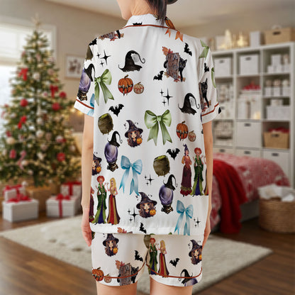 Hocus Pocus Witches Satin Pajama Set – Halloween Spell Print Sleepwear with Cats, Cauldrons & Bows | White Short Sleeve Loungewear for Women, Kids & Youth HPRPJMADS-39