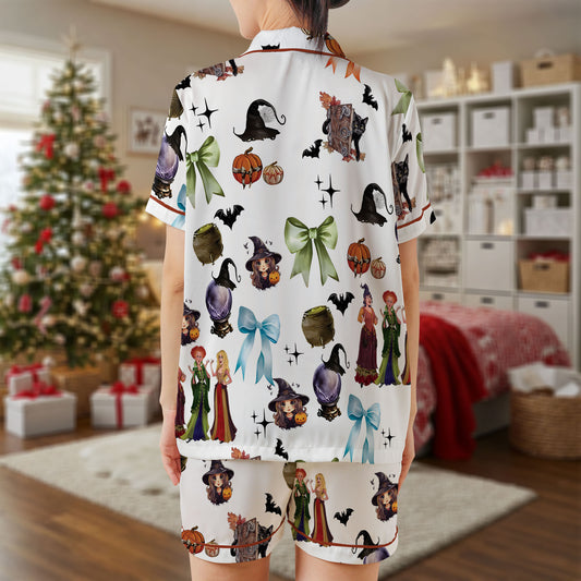 Hocus Pocus Witches Satin Pajama Set – Halloween Spell Print Sleepwear with Cats, Cauldrons & Bows | White Short Sleeve Loungewear for Women, Kids & Youth HPRPJMADS-39