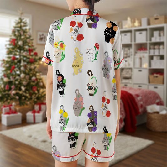 Floral Cat Satin Pajama Set – Adorable Kitty & Flower Print Sleepwear | White Short Sleeve Loungewear with Red Trim for Women, Kids & Cat Lovers HPRPJMADS-40