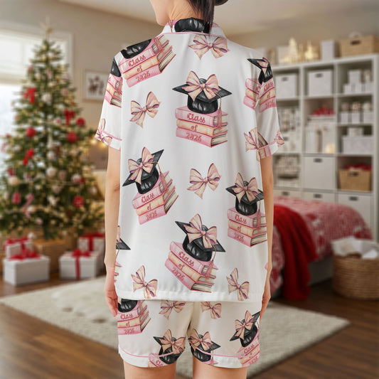 Class of 2026 Graduation Satin Pajama Set – Pink Books & Cap Print Sleepwear | White Short Sleeve Loungewear with Bows for Seniors & Grads HPRPJMADS-41
