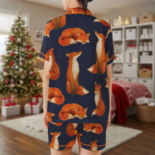 Orange Fox Satin Pajama Set – Cozy Woodland Animal Print Sleepwear | Navy Blue Short Sleeve Loungewear for Women & Nature Lovers HPRPJMADS-42