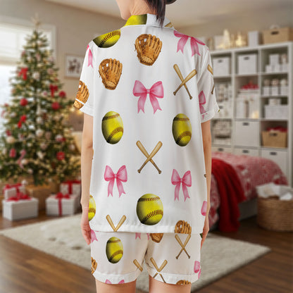 Softball Satin Pajama Set – Sporty Pink Bow & Glove Print Sleepwear | White Short Sleeve Loungewear for Athletes, Teams & Fans HPRPJMADS-43