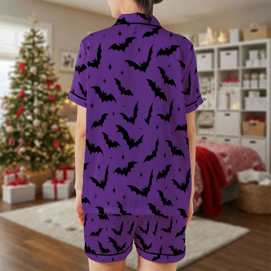 Purple Halloween Bat Satin Pajama Set – Spooky Bat Print Sleepwear | Short Sleeve Satin Loungewear with Black Trim for Halloween Lovers HPRPJMADS-47