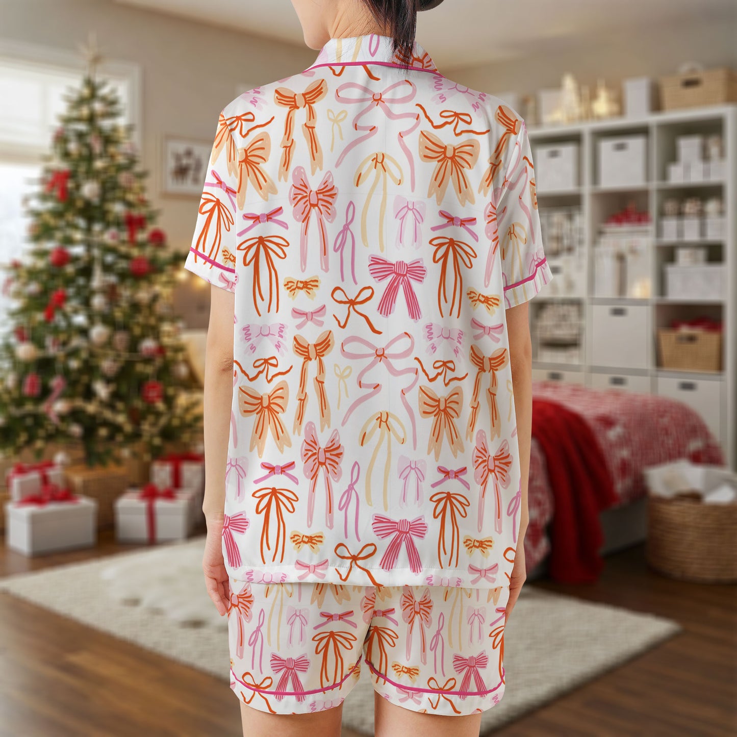 Colorful Ribbon Print Satin Pajama Set – Pink & Orange Bow Pattern Sleepwear | Short Sleeve Satin Loungewear with Pink Piping Trim HPRPJMADS-49