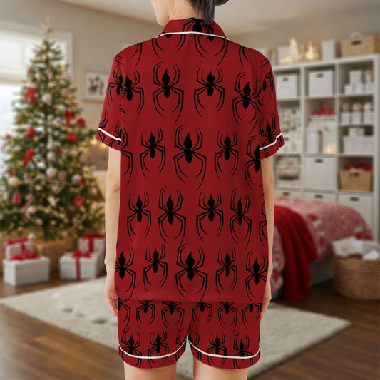 Red Spider Pattern Satin Pajama Set – Black Spider Print Sleepwear | Short Sleeve Satin Loungewear with White Piping Trim for Halloween or Comic Fans HPRPJMADS-50