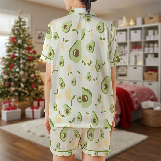 Avocado Print Satin Pajama Set – Cute Green Fruit Pattern Sleepwear | White Short Sleeve Satin Loungewear with Green Piping Trim for Women HPRPJMADS-53