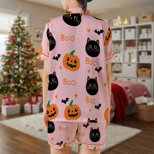 Halloween Satin Pajama Set – Pink “Boo” Print Sleepwear with Black Cats, Pumpkins & Bats | Cute Short Sleeve Satin Loungewear with Orange Piping Trim HPRPJMADS-54