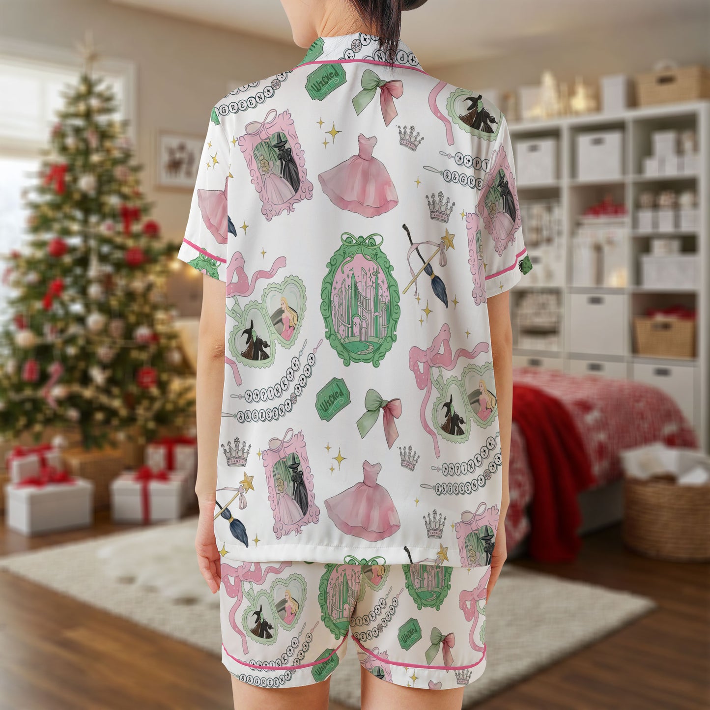 Fairy Tale Satin Pajama Set – Princess & Magic-Themed Sleepwear with Dresses, Crowns & Mirrors | White Short Sleeve Satin Loungewear with Pink Trim HPRPJMADS-56