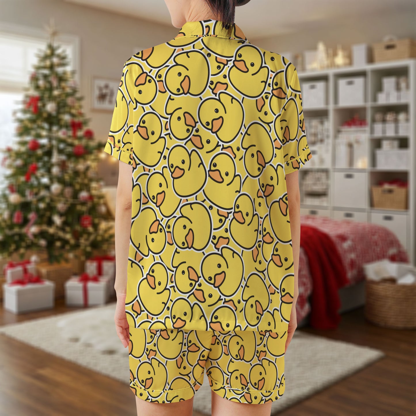 Rubber Duck Satin Pajama Set – Bright Yellow Sleepwear with Cute Duck Pattern | Fun Short Sleeve Satin Loungewear for Women & Teens HPRPJMADS-57
