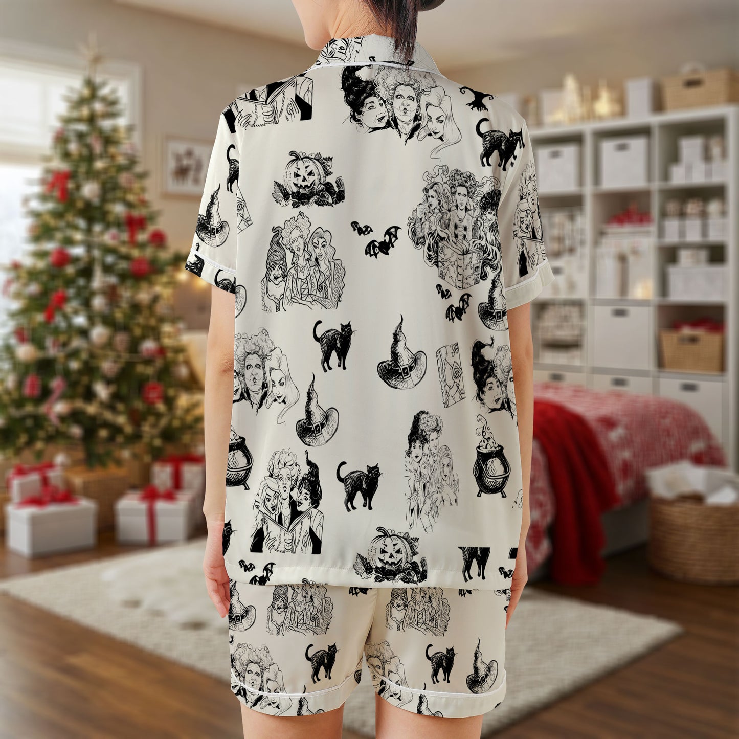 Witch Sisters Satin Pajama Set – Black and White Halloween Sleepwear with Witchy Illustrations, Cats & Cauldrons | Spooky Short Sleeve Satin Loungewear HPRPJMADS-58