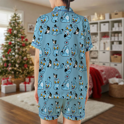 Funky Cat & Owl Satin Pajama Set – Blue Sleepwear with Playful Cartoon Cats and Owls | Whimsical Short Sleeve Satin Loungewear for Women & Teens HPRPJMADS-61
