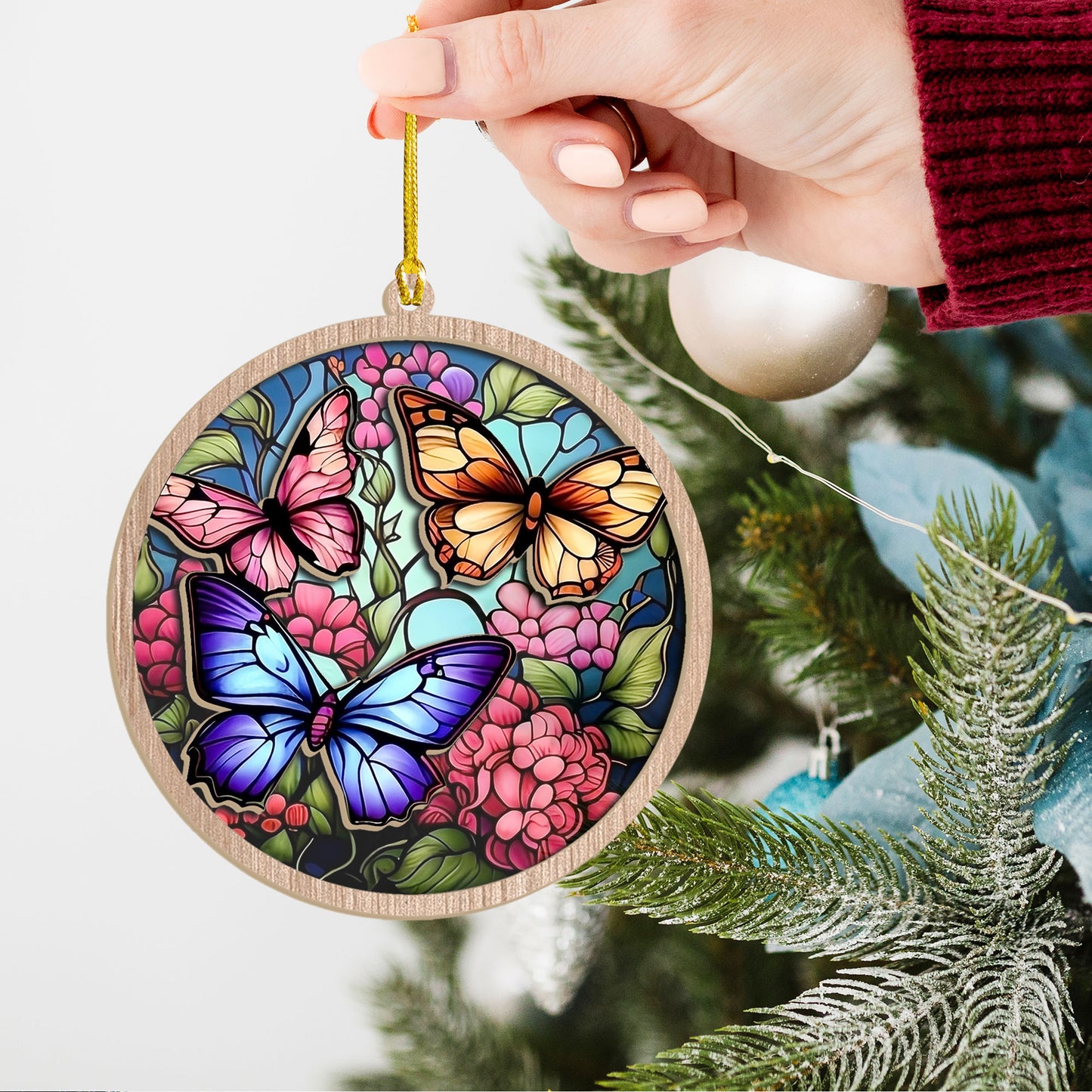 Butterfly Flowers Glass Coloful Ornament Decoration, Christmas 2023 Ornament, Christmas Decoration, Holiday Gift Idea, Ornament Butterfly Flower Plant