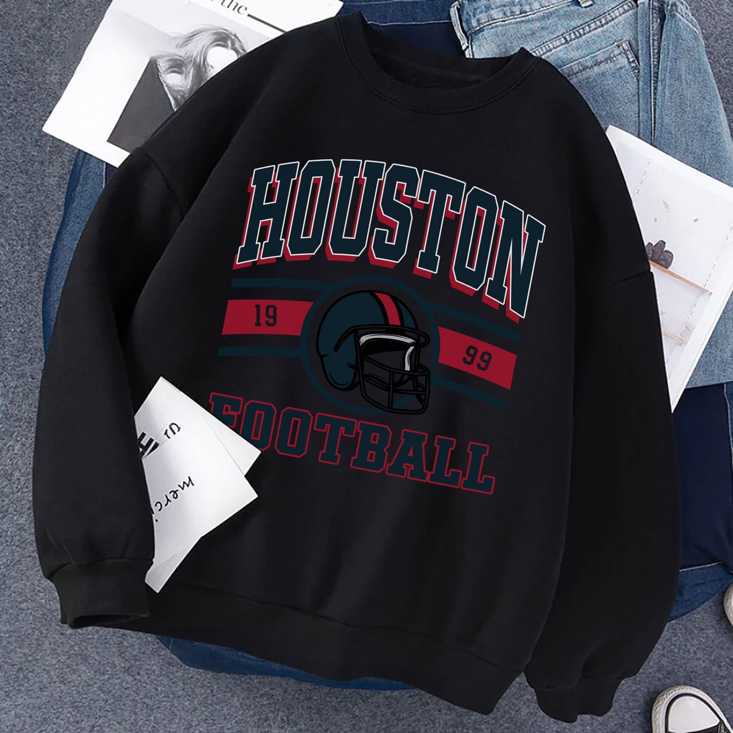 Houston FOOTBALL Sweatshirt, Houston FOOTBALL Shirt Retro Style 90s Vintage Unisex Crewneck, Graphic Tee Gift For Football Fan Sport