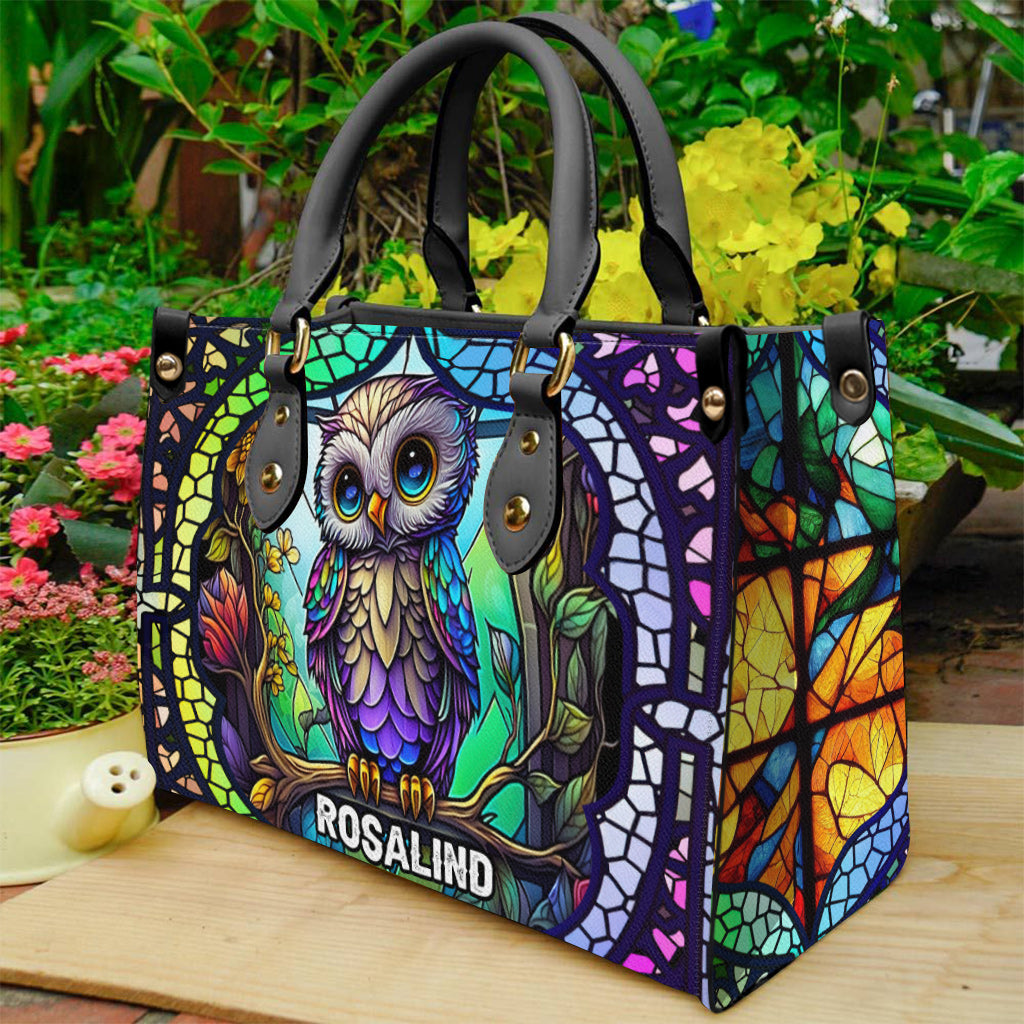 Cute Owl Stained Glass - Personalized Owl Leather Handbag