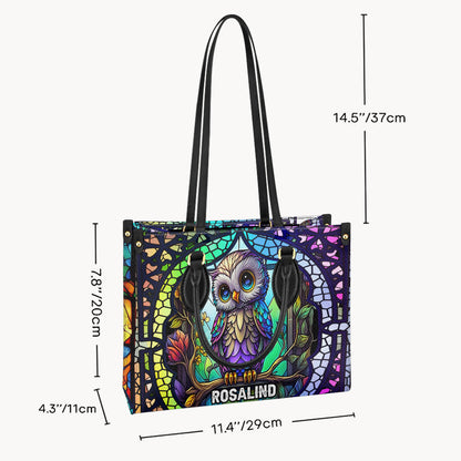 Cute Owl Stained Glass - Personalized Owl Leather Handbag