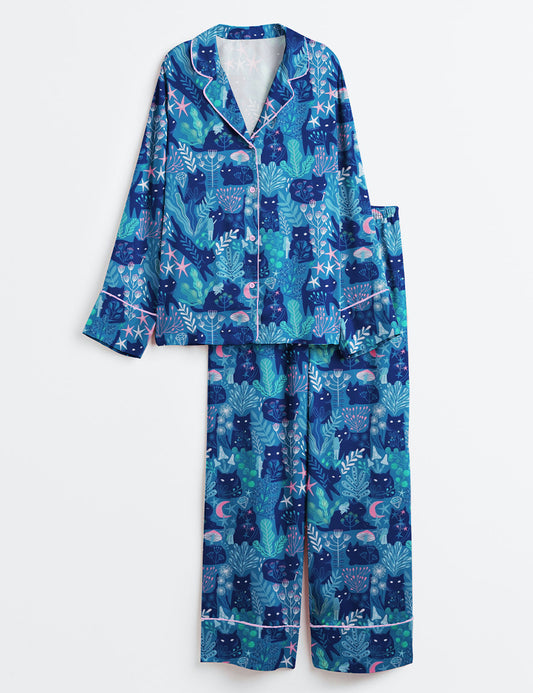 Women’s Meowgical Friends Plants And Flowers Halloween Cat Long Sleeve Satin Pajama Set