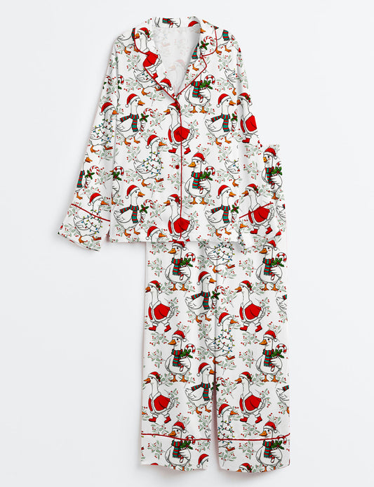 Women’s Funny Christmas Goose Holiday Duck Cute Santa Long Sleeve Satin Pajama Set