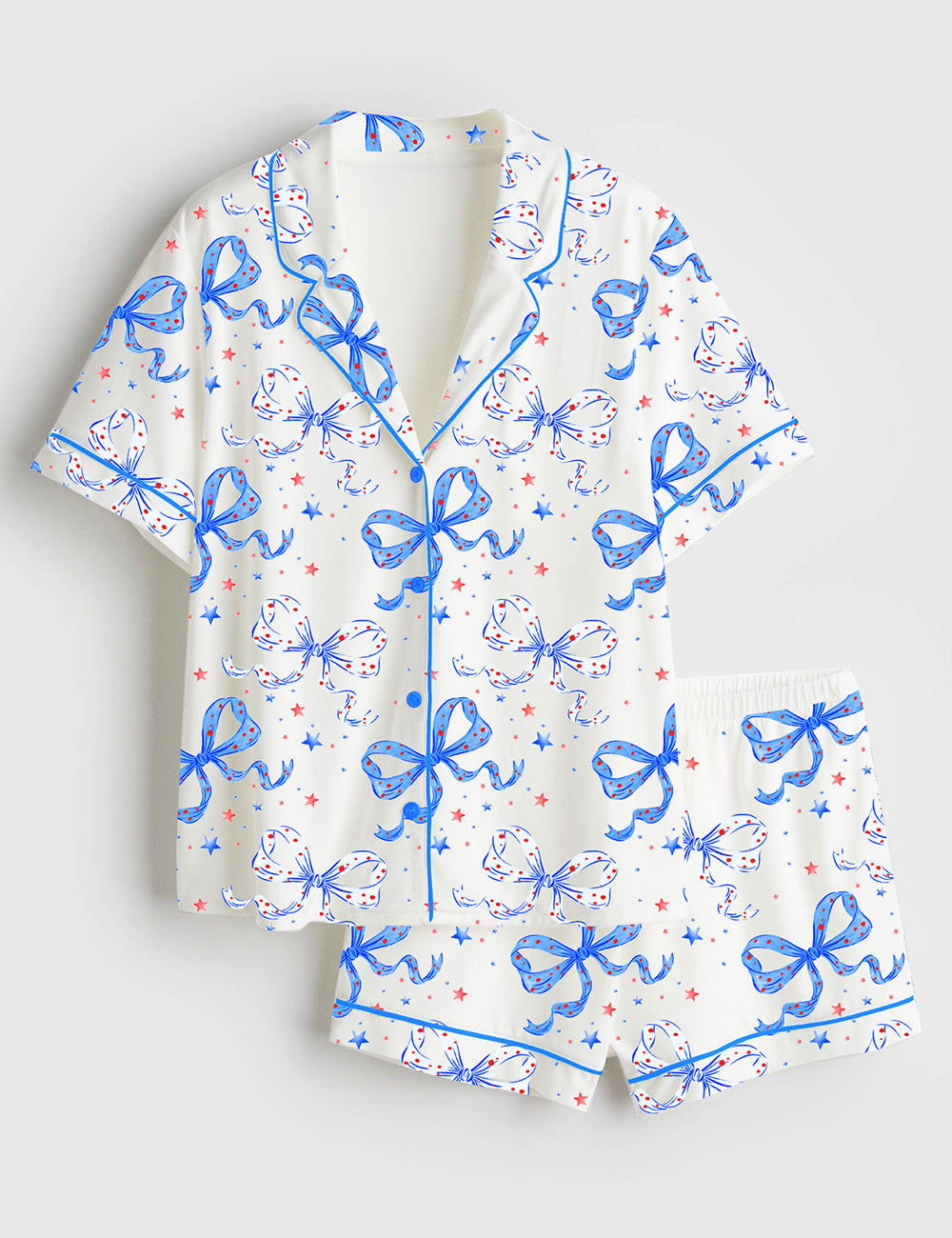 Women’s Coquette Bow Cute 4th Of July Red White Blue Short Sleeve Satin Pajama Set