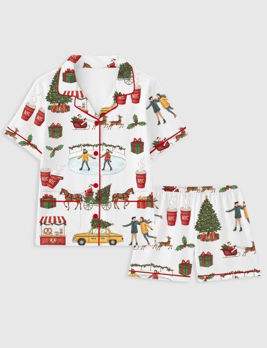 Women's Christmas In New York Short Sleeve Pocket Cotton Family Pajama Set