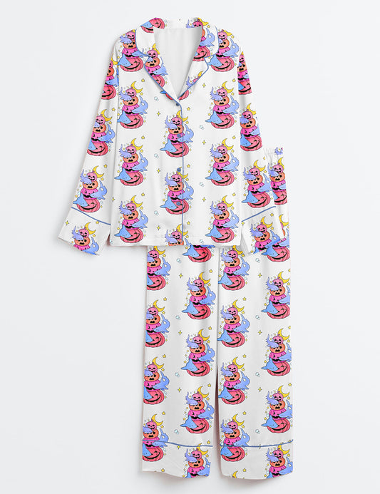 Women’s Curious Halloween Sharks Long Sleeve Satin Pajama Set