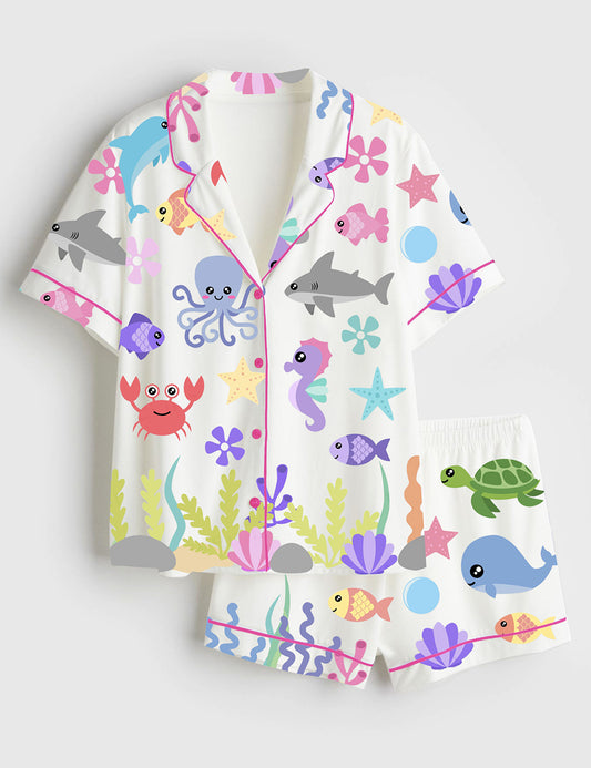 Women’s Cute Ocean Sea Animals Starfish Whale Octopus Shark Fish Turtle Seaweed Print Short Sleeve Satin Pajama Set