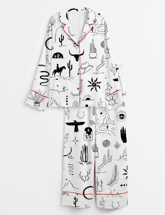 Women’s Wild Western Outdoors Adventure Silhouette Cowboy Cactus Mountain Snake Hand Moon Sun Print Long Sleeve Satin Pajama Set