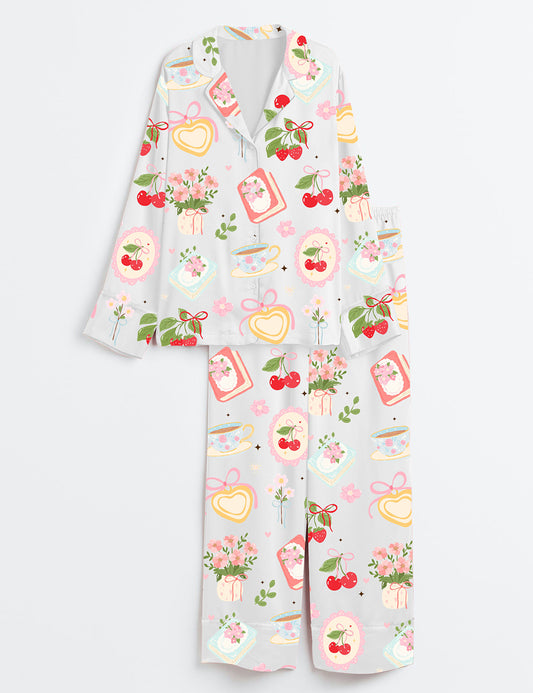 Women’s Cottagecore Tea And Berry Floral Books Cherries And Spring Elements Botanical Floral Farm Book And Coffee Flower Long Sleeve Satin Pajama Set
