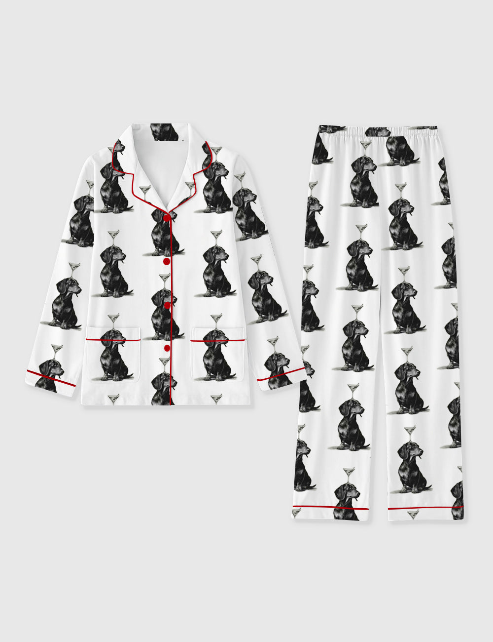 Women's Dachshund Martini Retro Dog Cocktail Rustic Farmhouse Long Sleeve Pocket Cotton Pajama Set