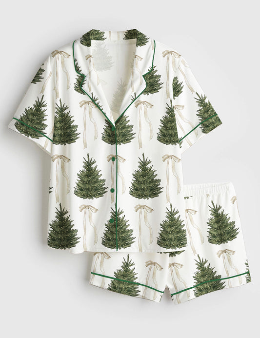 Women’s Merry Christmas Tree White Coquette Short Sleeve Satin Pajama Set