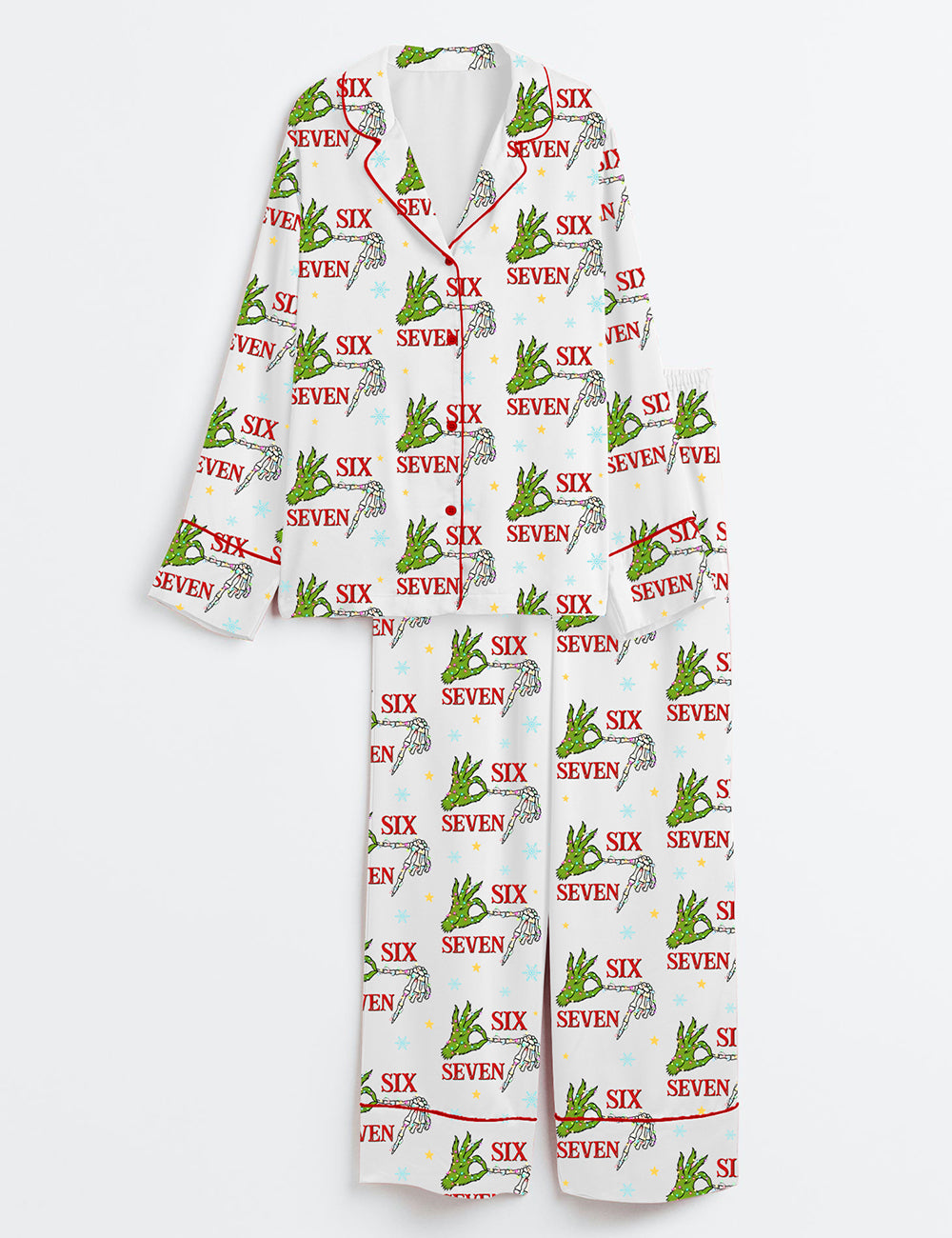 Women’s Trending Six Seven Christmas Grinch Skeleton Long Sleeve Satin Pajama Set