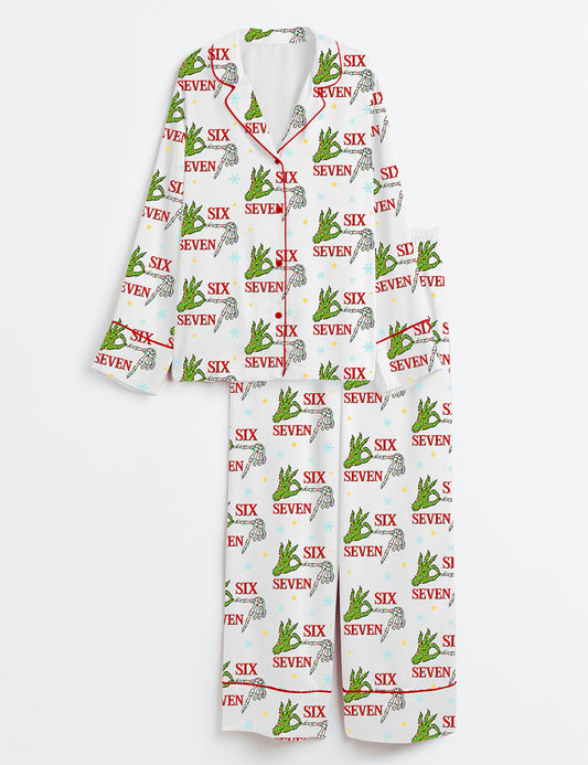 Women’s Trending Six Seven Christmas Grinch Skeleton Long Sleeve Satin Pajama Set