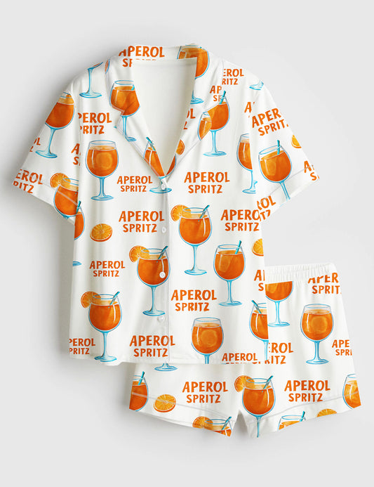 Women’s Aperol Spritz Trio Watercolor Summer Ocean Beach Vibes Print Short Sleeve Satin Pajama Set