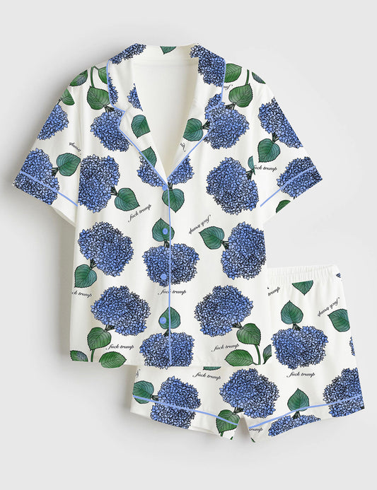 Women's Hydrangea Floral Blue Flower Political Gag Gift Short Sleeve Satin Pajama Set