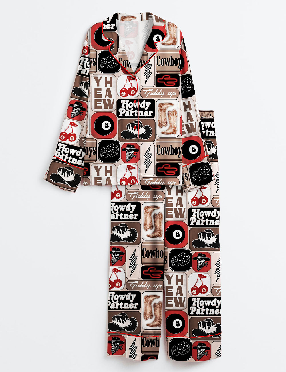 Women’s Yee Haw Howdy Partner Giddy Up Western Cowboy Collage Print Long Sleeve Satin Pajama Set