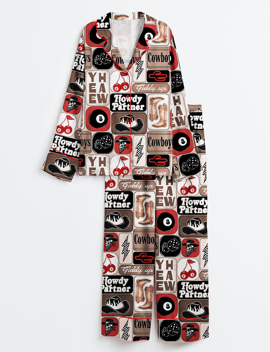 Women’s Yee Haw Howdy Partner Giddy Up Western Cowboy Collage Print Long Sleeve Satin Pajama Set