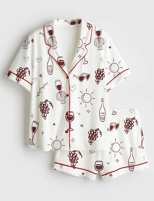 Women’s Vino Before Vows Bachelorette Wine Themed Bach Party Wine And Vows Wedding Party Print Short Sleeve Satin Pajama Set