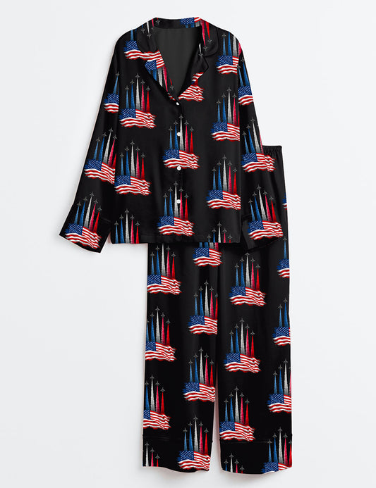 Women’s Realistic Jet Planes Patriotic 4th Of July Shirt Bold American Flag Art Print Long Sleeve Satin Pajama Set