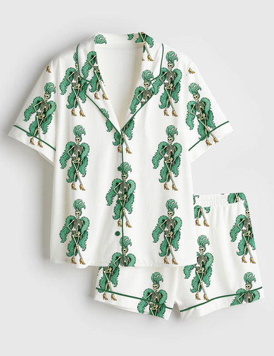 Women’s The Life Of A Showghoul Halloween Skeleton Showgirl Short Sleeve Satin Pajama Set