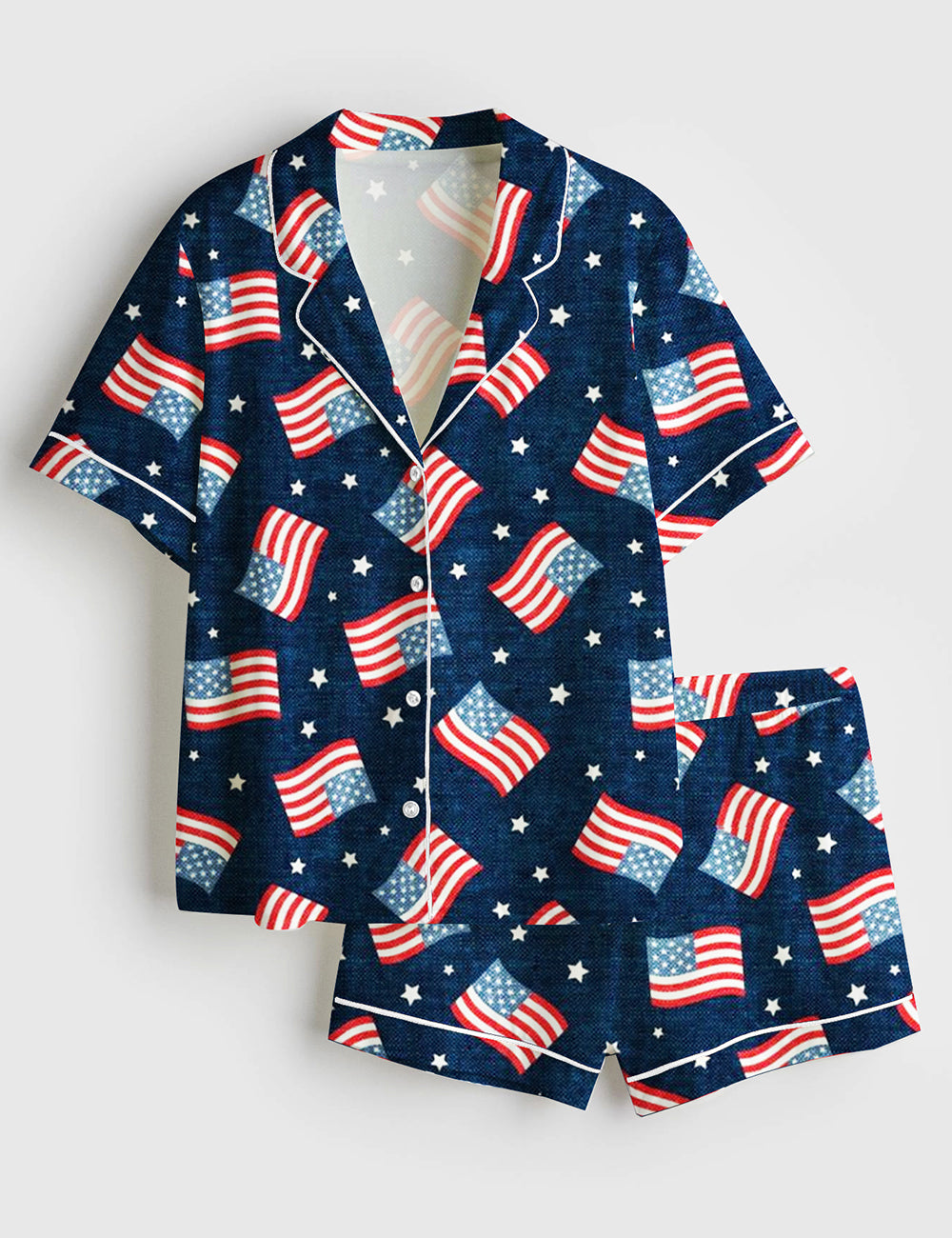 Women’s Fourth Of July Red White Blue USA Flag America Stars And Flags Short Sleeve Satin Pajama Set